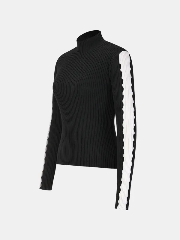 Mock Neck Contrast Sleeve Ribbed Knit Top sold by COMMENSE