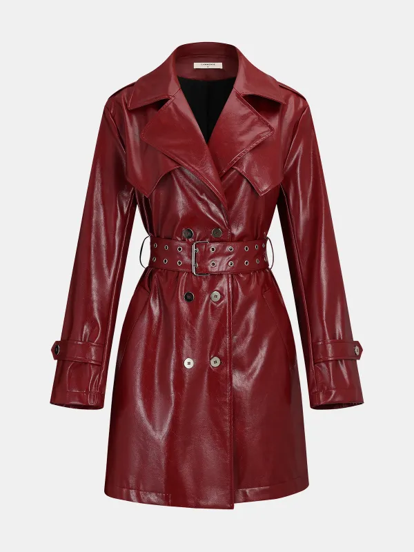 Belted Faux Leather Long Trench Coat sold by COMMENSE