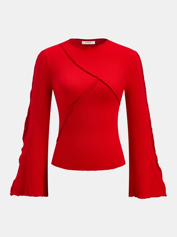 Asymmetric Seam Flared Sleeve Ribbed Knit Top sold by COMMENSE