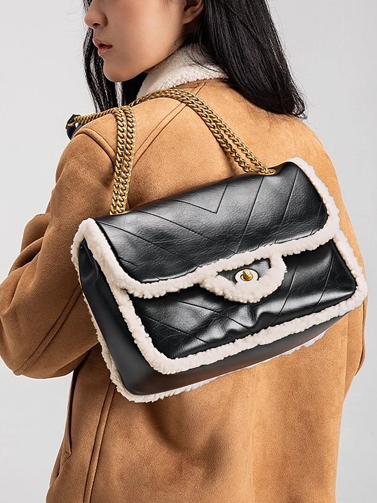 Chain Strap Shearling Trim Shoulder Bag sold by COMMENSE product image thumbnail 2