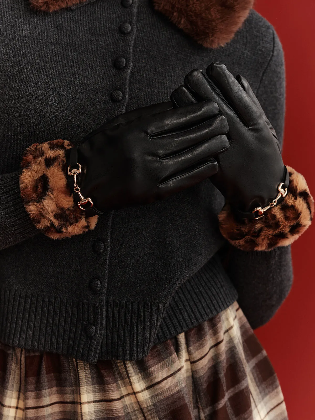 Leopard Faux Fur Cuff Faux Leather Gloves sold by COMMENSE product image thumbnail 3