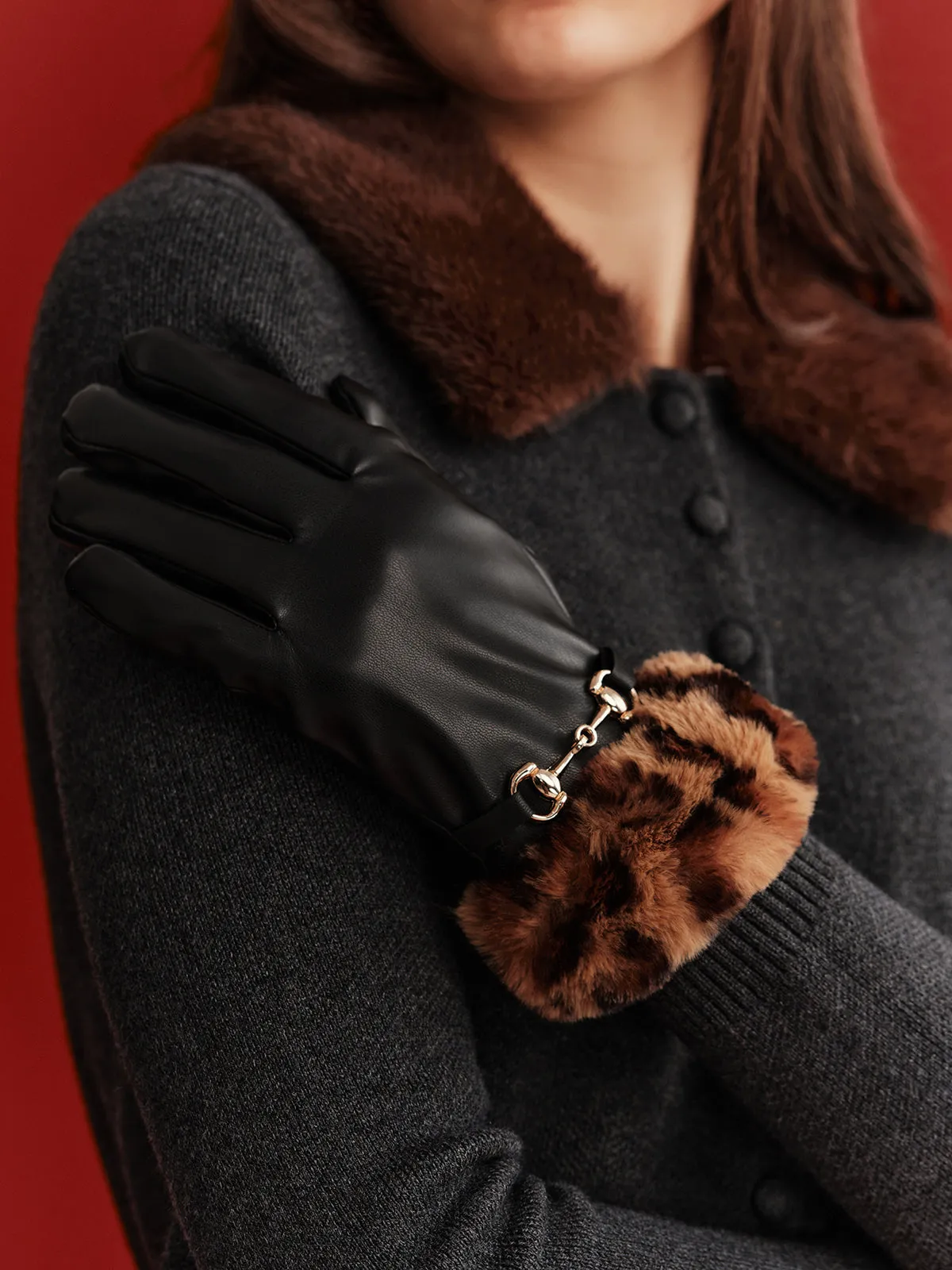 Leopard Faux Fur Cuff Faux Leather Gloves sold by COMMENSE product image thumbnail 4