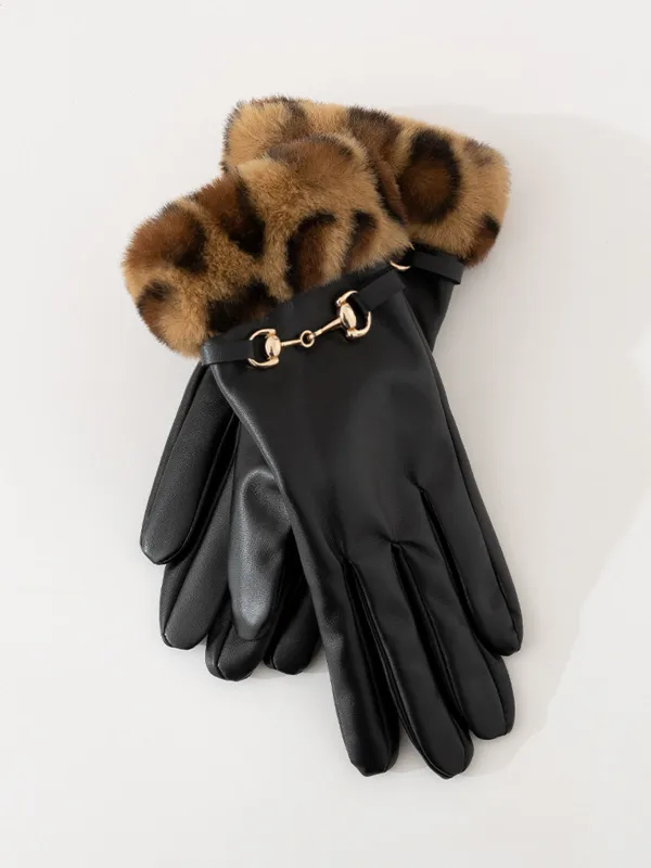 Leopard Faux Fur Cuff Faux Leather Gloves sold by COMMENSE