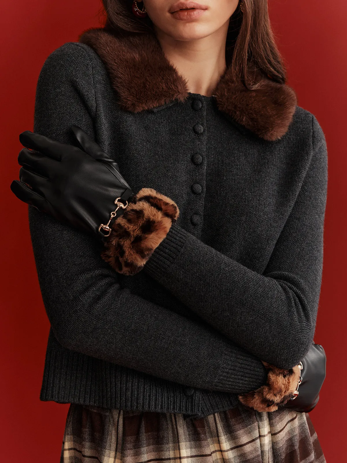 Leopard Faux Fur Cuff Faux Leather Gloves sold by COMMENSE product image thumbnail 2