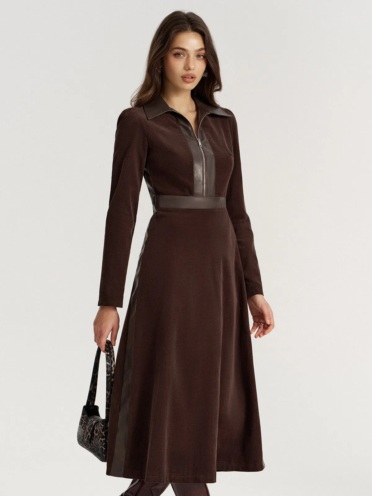 Faux Leather Panel Corduroy Midi Dress sold by COMMENSE product image thumbnail 3