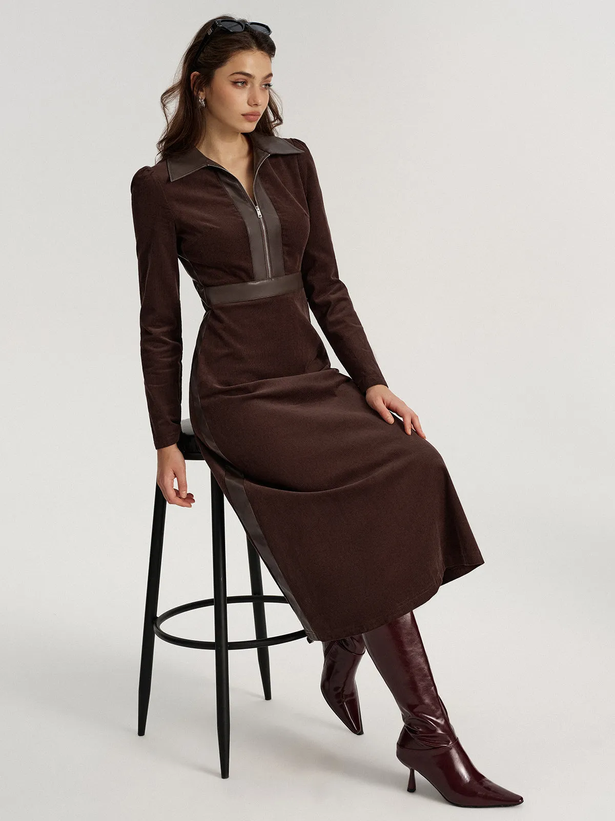 Faux Leather Panel Corduroy Midi Dress sold by COMMENSE product image thumbnail 4