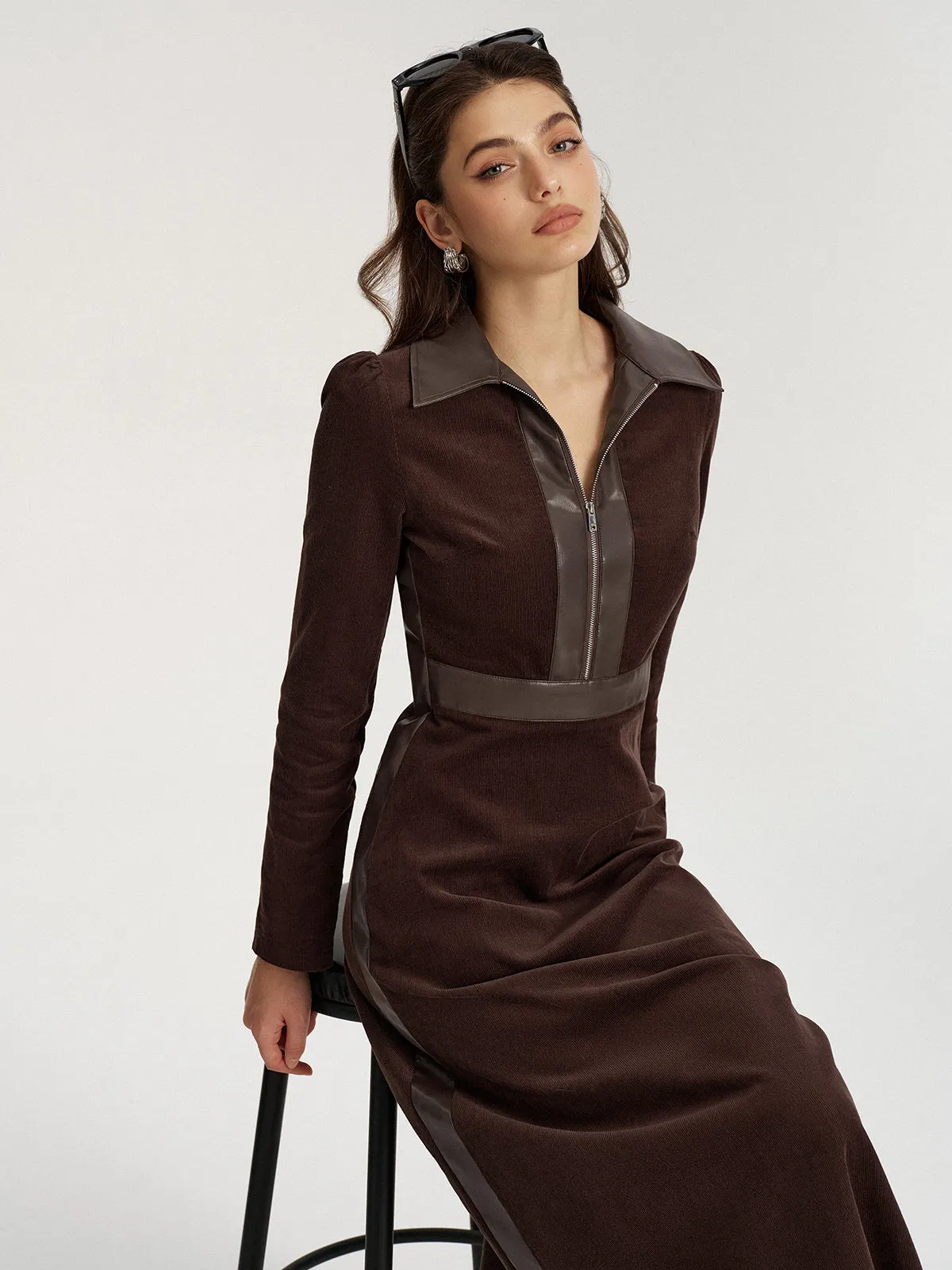 Faux Leather Panel Corduroy Midi Dress sold by COMMENSE