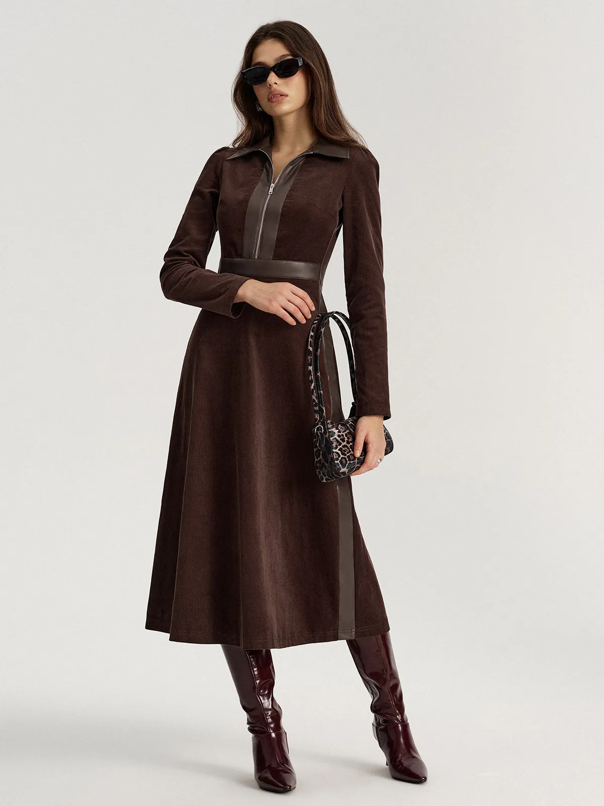 Faux Leather Panel Corduroy Midi Dress sold by COMMENSE product image thumbnail 5