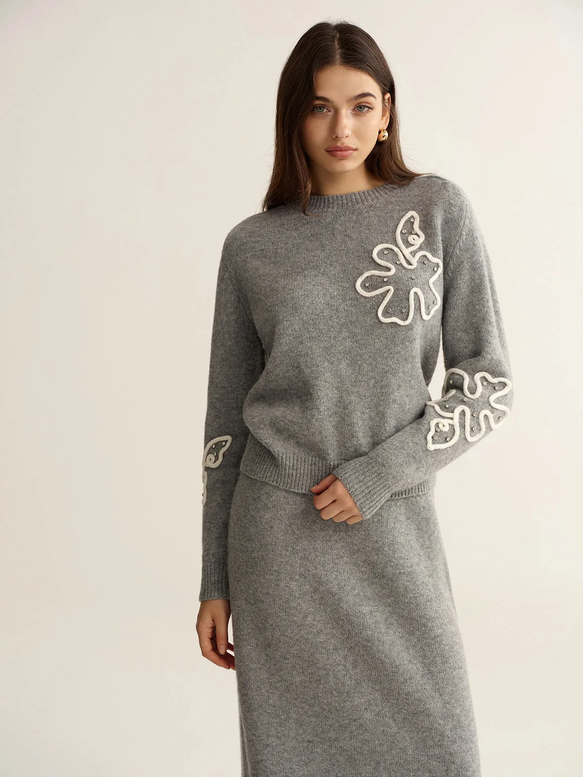 Floral Applique Sweater and Midi Skirt Set sold by COMMENSE