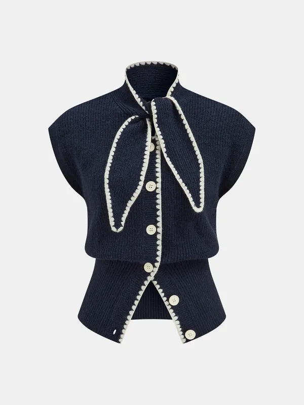 Contrast Trim Tie Neck Knit Vest sold by COMMENSE