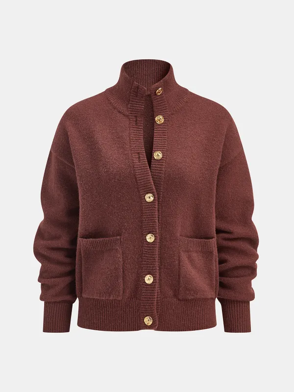 Metal Button Stand Collar Knit Cardigan sold by COMMENSE