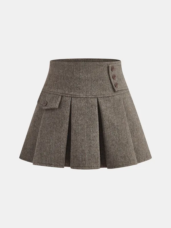 Herringbone Tweed Pleated Mini Skirt sold by COMMENSE