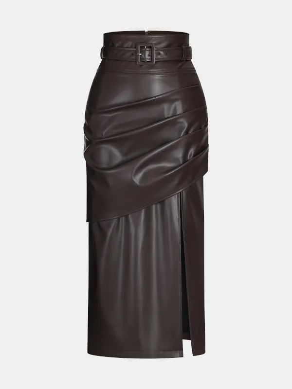 Belted Faux Leather Ruched Slit Midi Skirt sold by COMMENSE