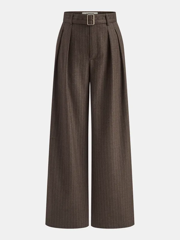 Belted Pinstripe Mid-Waist Wide-Leg Pants sold by COMMENSE