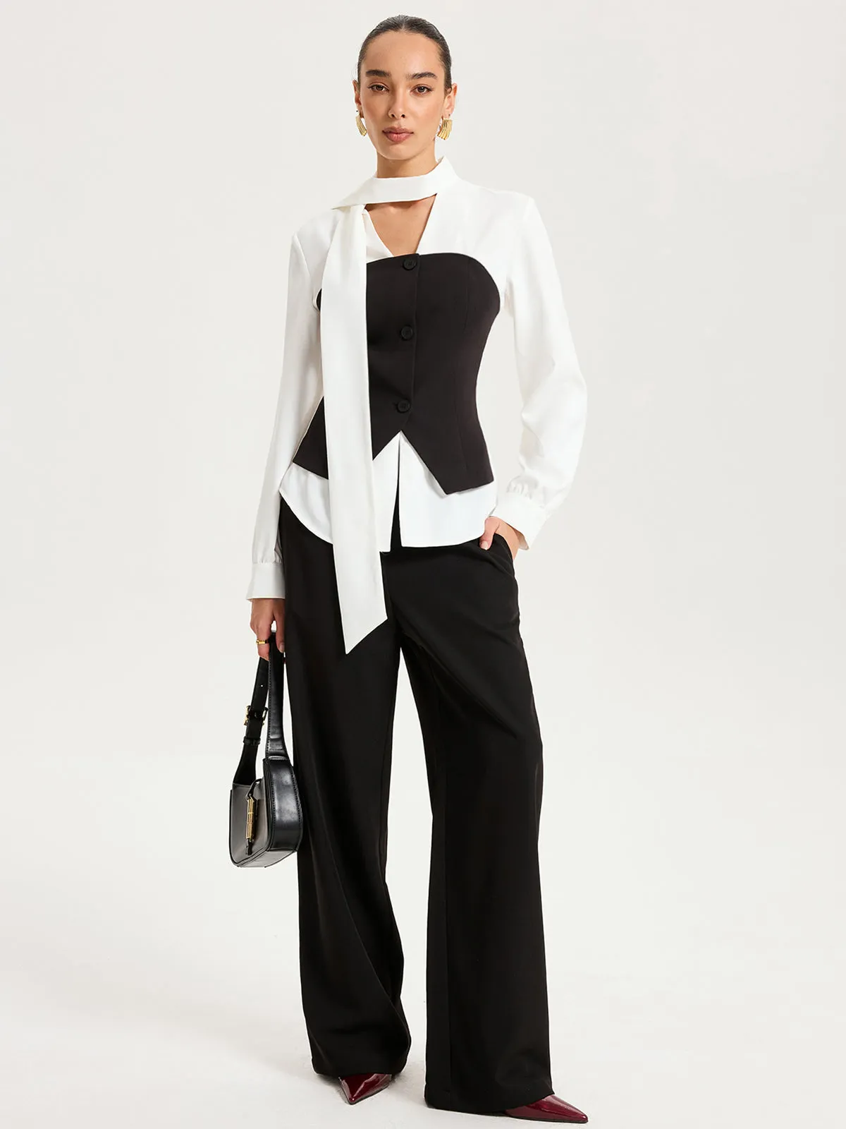2 in 1 Contrast Panel Tie-Neck Blouse sold by COMMENSE product image thumbnail 3