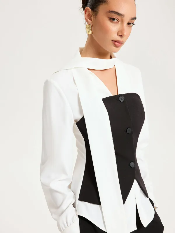 2 in 1 Contrast Panel Tie-Neck Blouse sold by COMMENSE