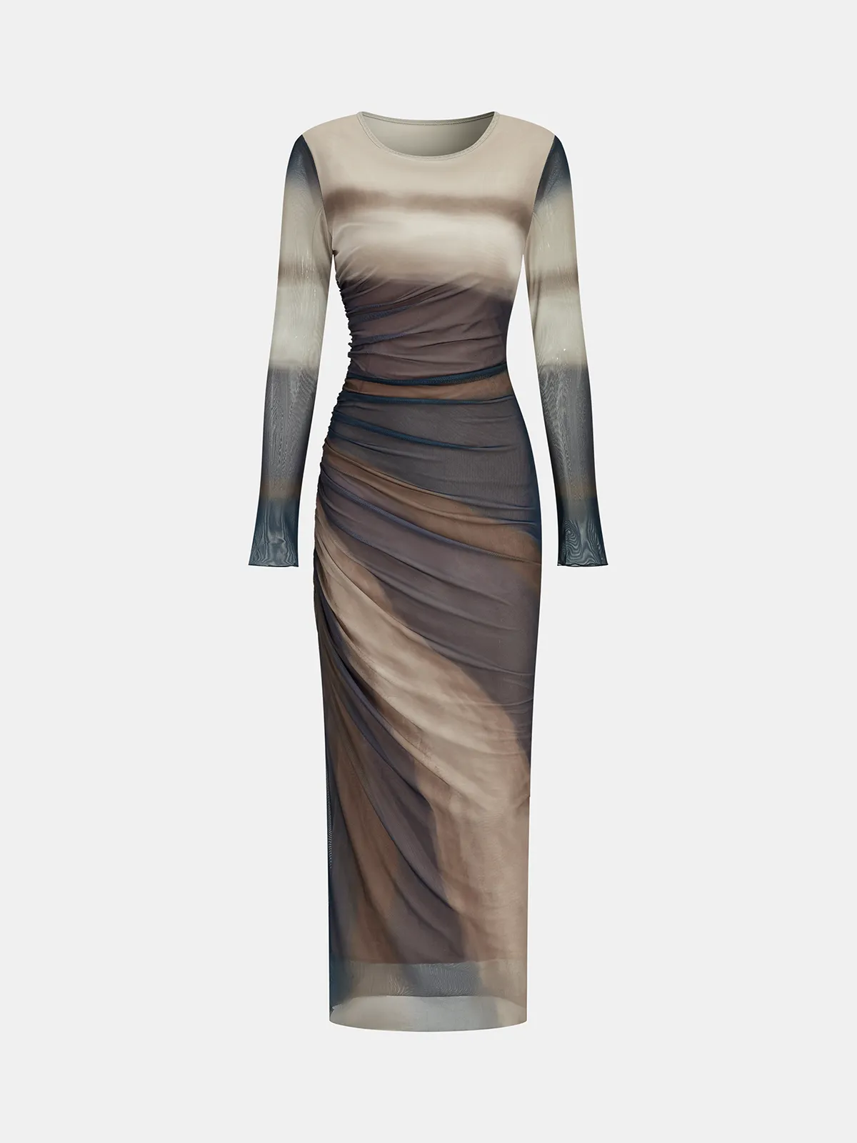 Ombre Long Sleeve Ruched Mesh Maxi Dress sold by COMMENSE