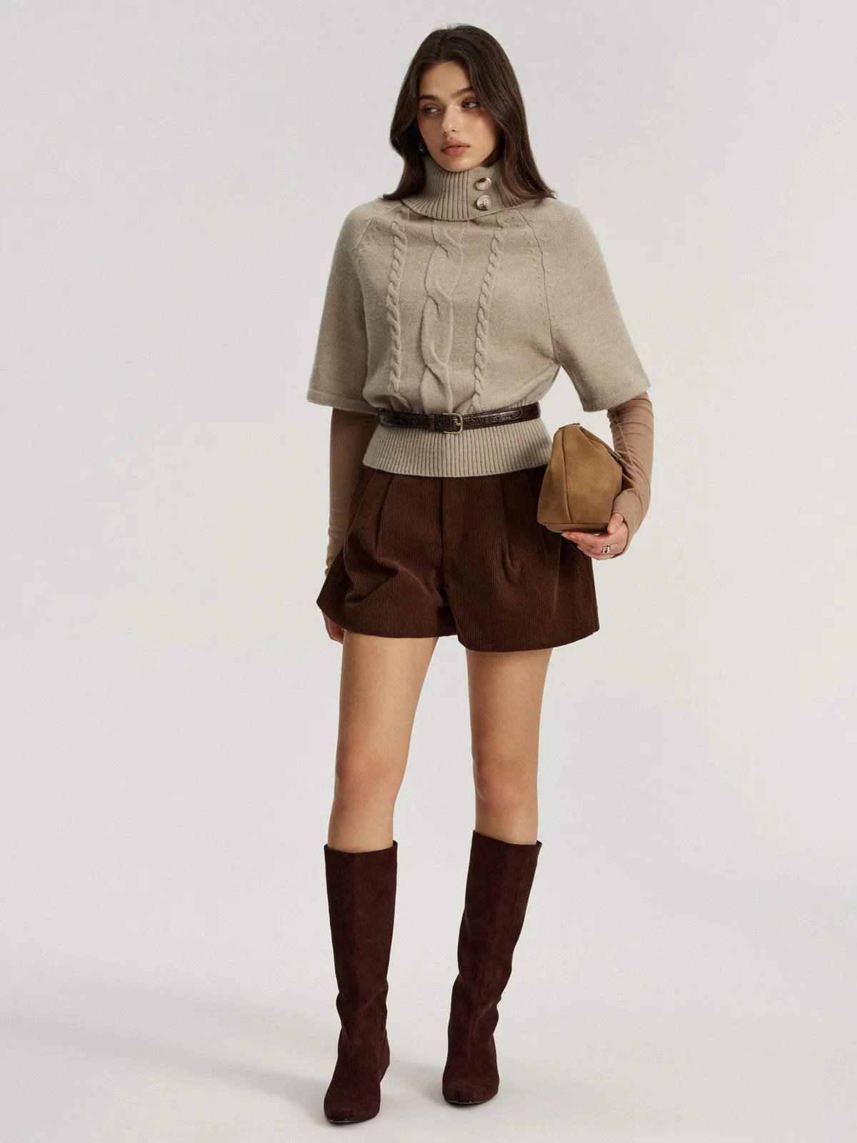 Turtleneck Cable Knit Short Sleeve Sweater without Belt sold by COMMENSE product image thumbnail 2