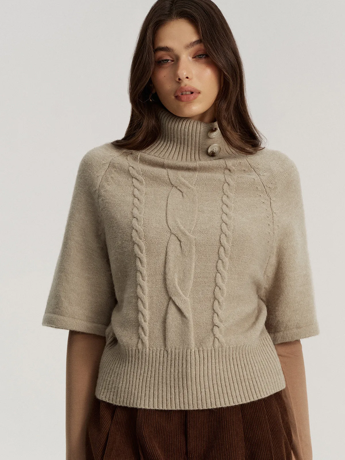 Turtleneck Cable Knit Short Sleeve Sweater without Belt sold by COMMENSE product image thumbnail 3