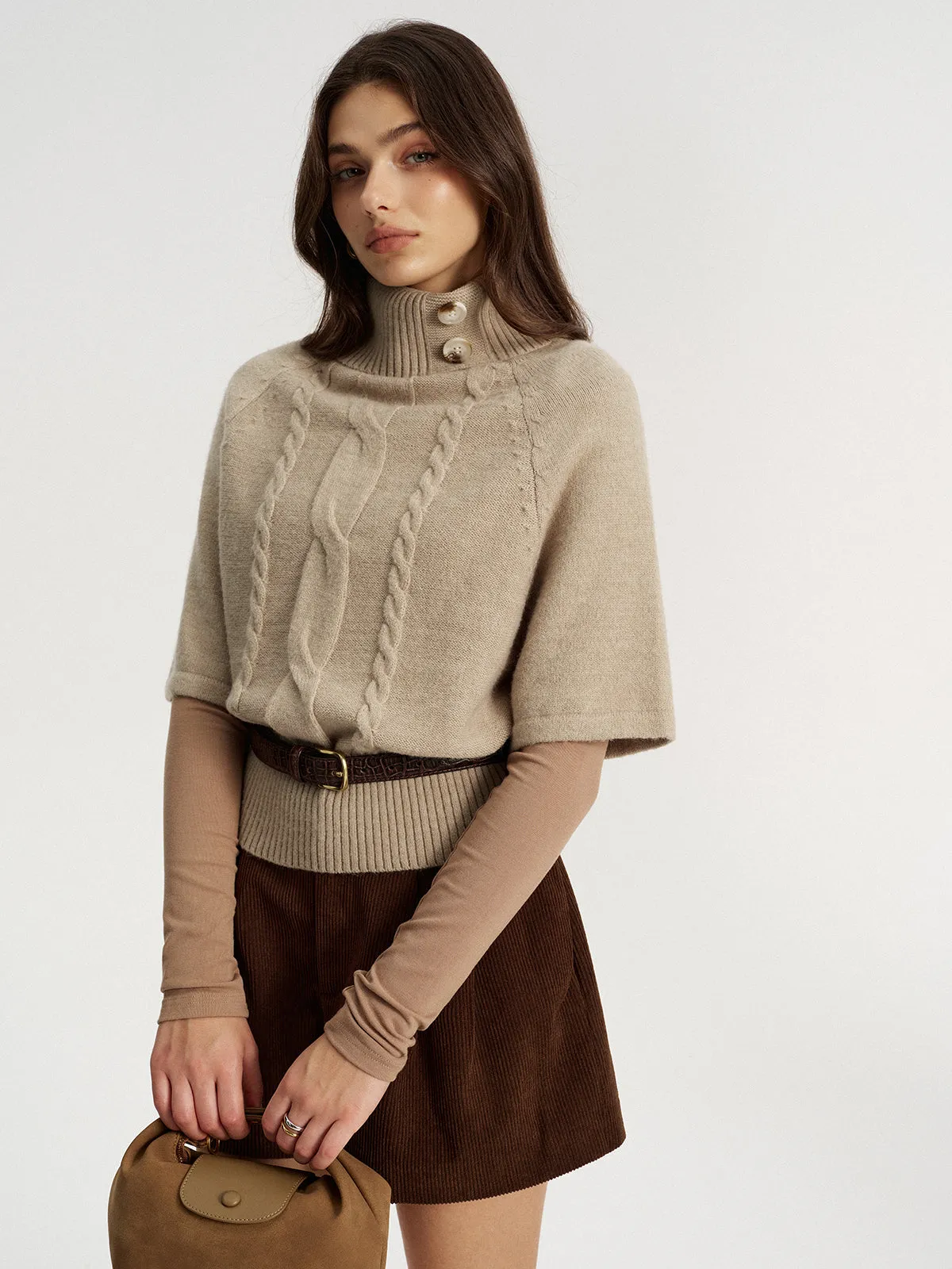 Turtleneck Cable Knit Short Sleeve Sweater without Belt sold by COMMENSE