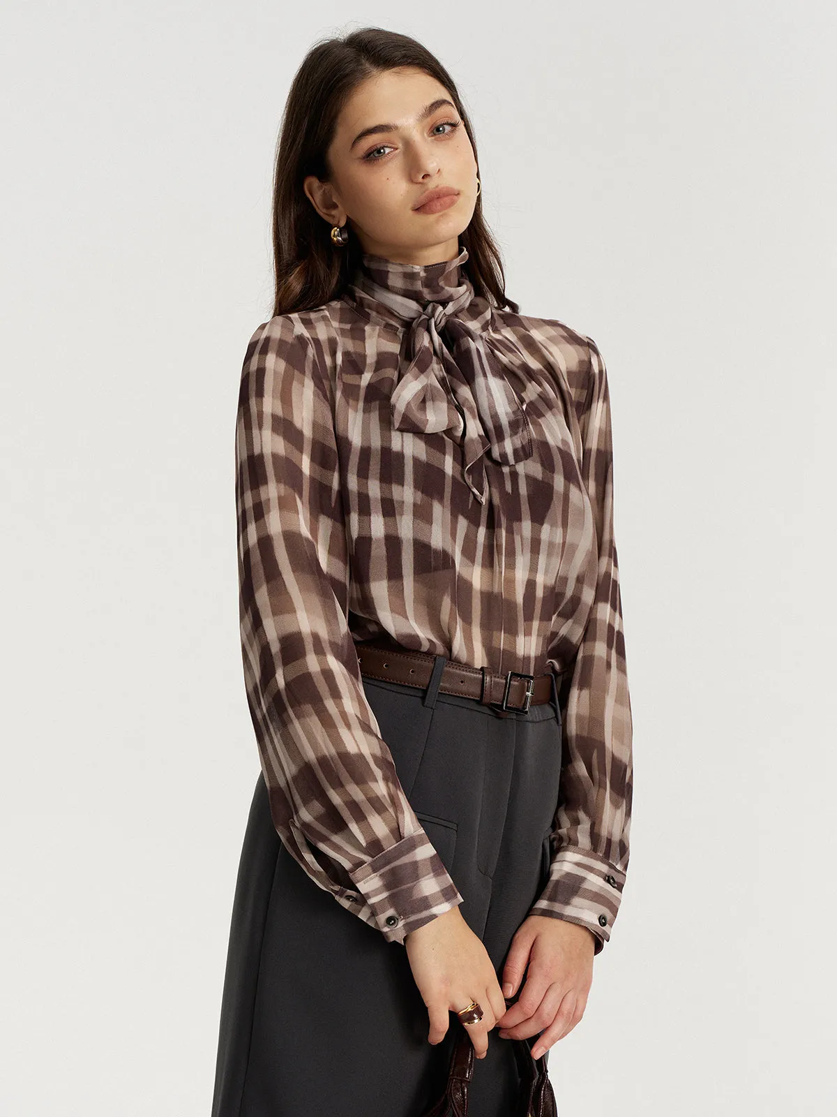 Tie Neck Plaid Semi-Sheer Chiffon Blouse sold by COMMENSE product image thumbnail 5