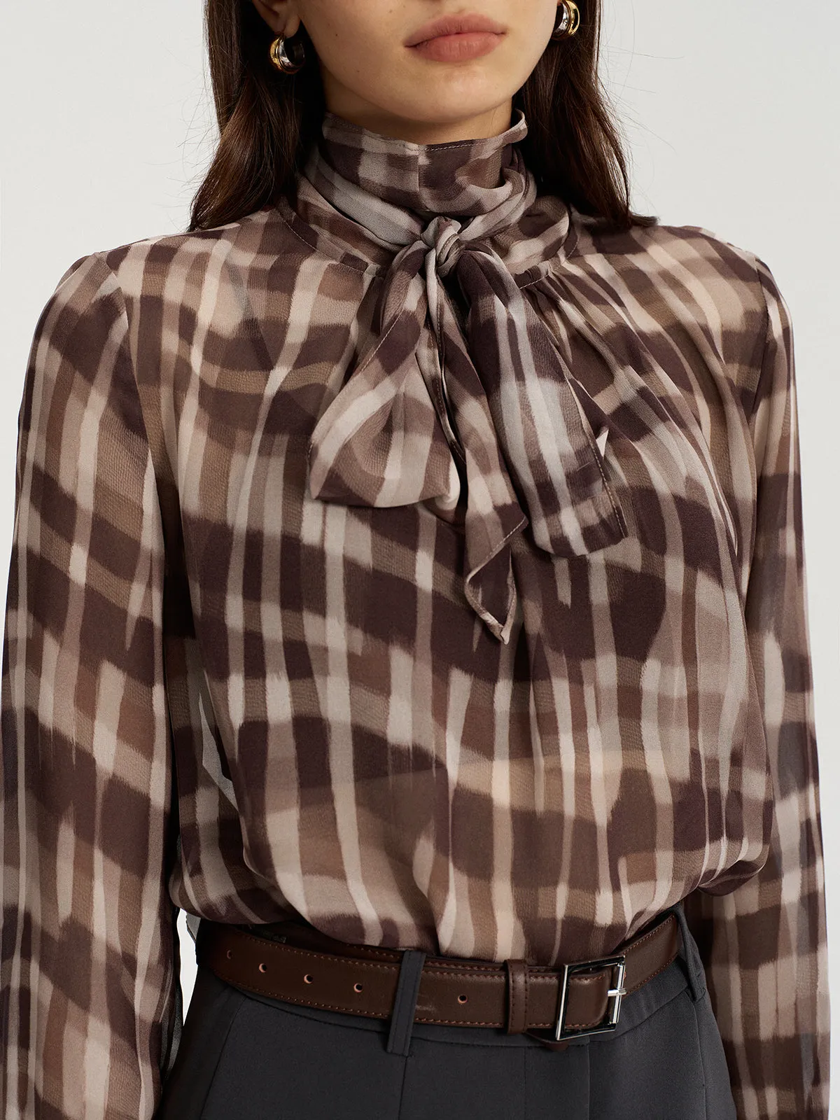 Tie Neck Plaid Semi-Sheer Chiffon Blouse sold by COMMENSE product image thumbnail 2