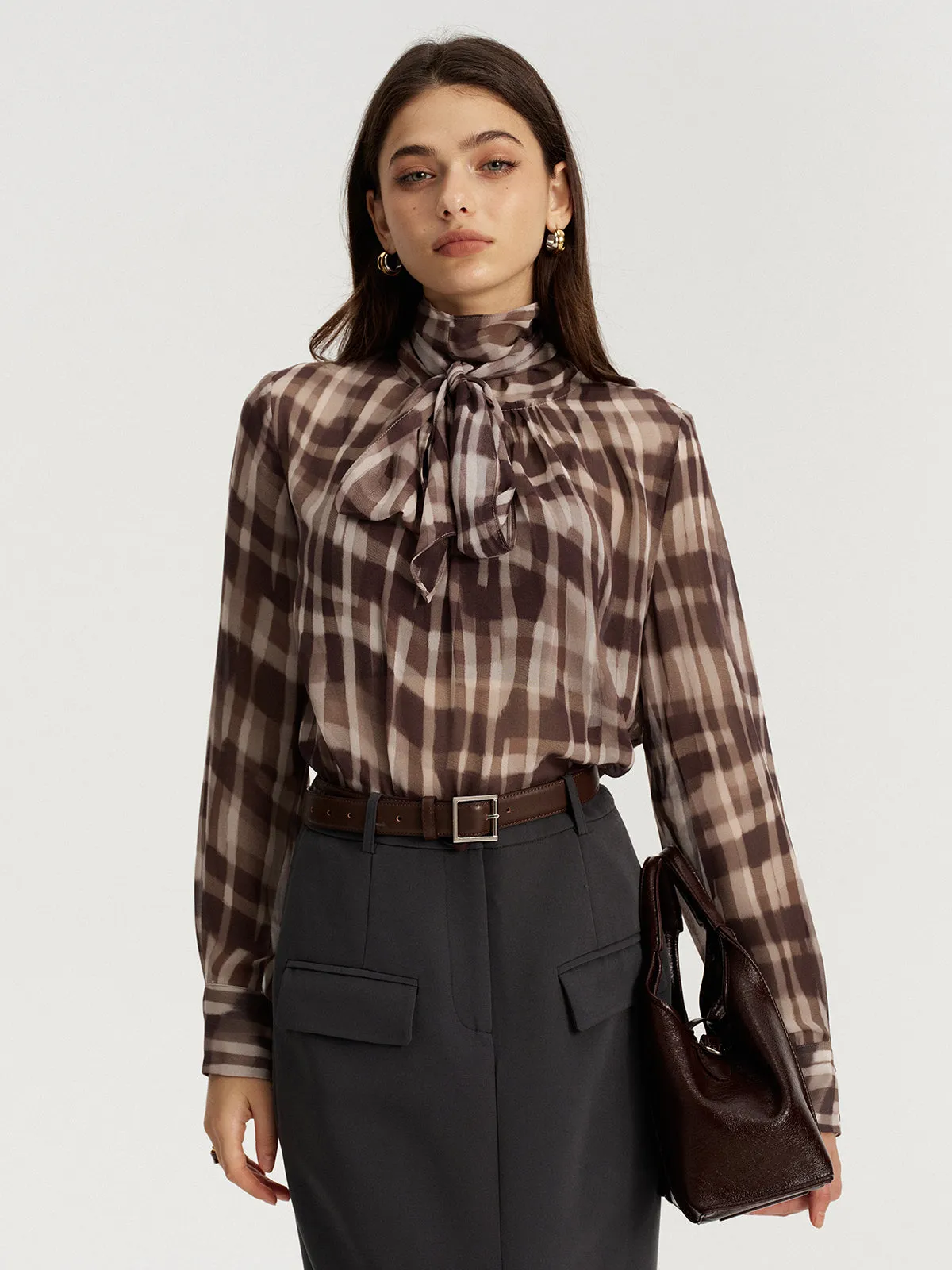 Tie Neck Plaid Semi-Sheer Chiffon Blouse sold by COMMENSE product image thumbnail 3