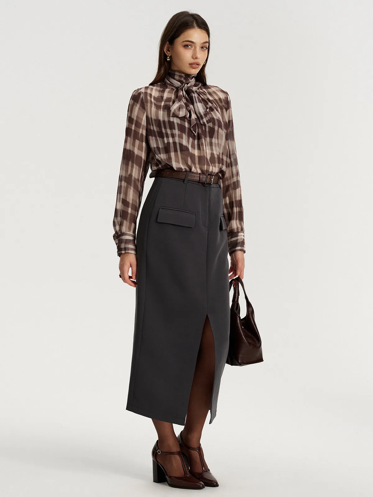 Tie Neck Plaid Semi-Sheer Chiffon Blouse sold by COMMENSE product image thumbnail 4