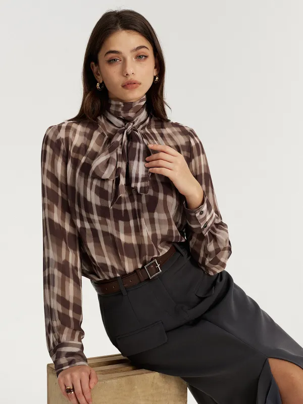 Tie Neck Plaid Semi-Sheer Chiffon Blouse sold by COMMENSE