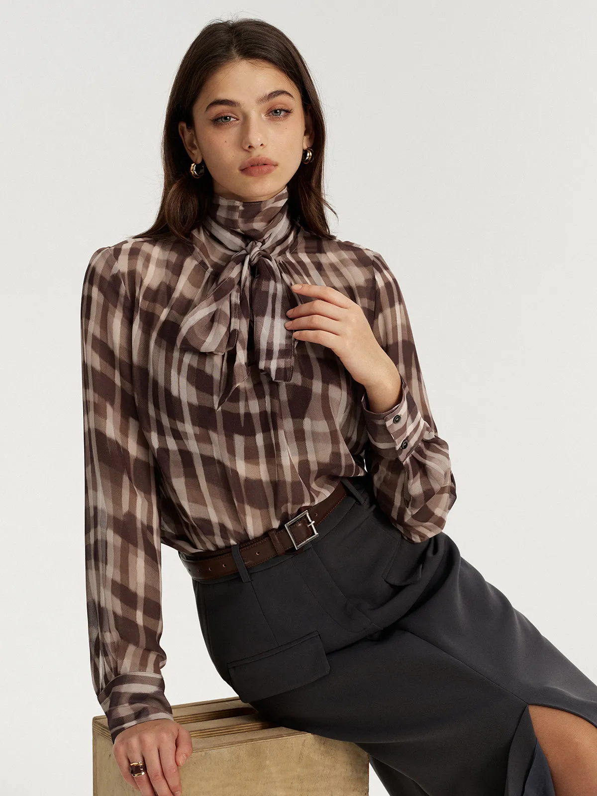Tie Neck Plaid Semi-Sheer Chiffon Blouse sold by COMMENSE