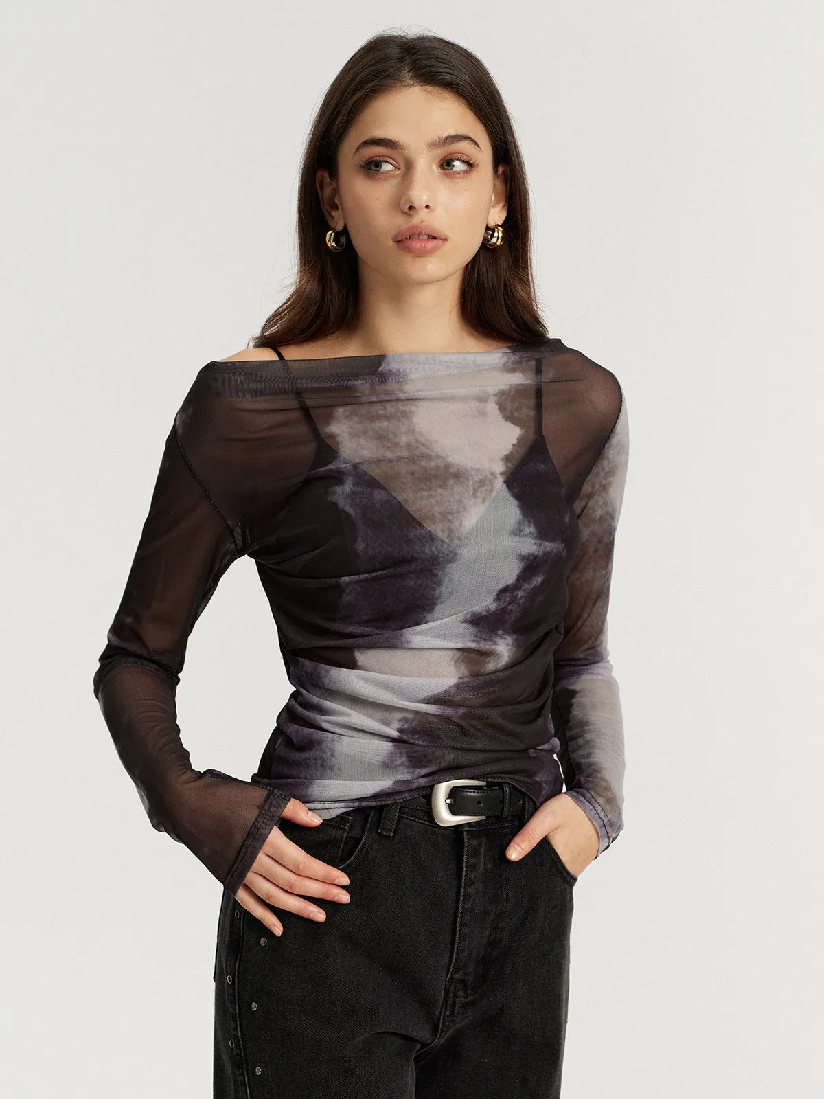 Mesh Tie-Dye Off-Shoulder Long Sleeve T-Shirt sold by COMMENSE product image thumbnail 3