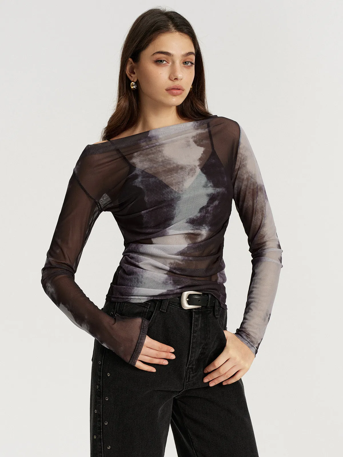 Mesh Tie-Dye Off-Shoulder Long Sleeve T-Shirt sold by COMMENSE product image thumbnail 4