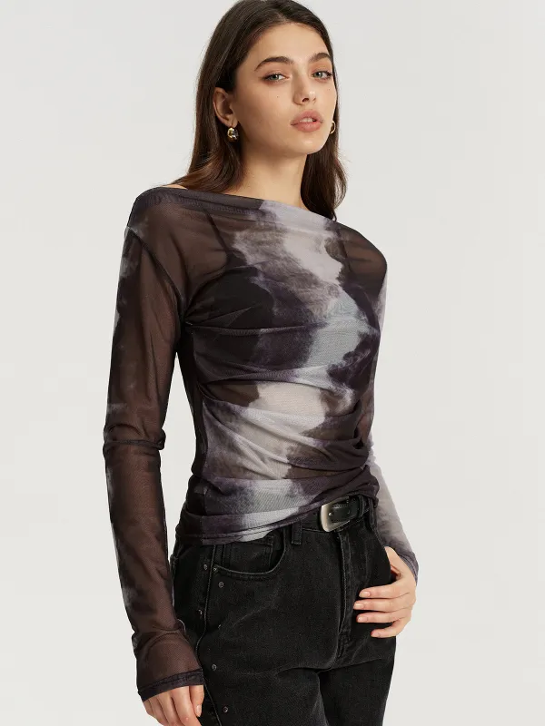 Mesh Tie-Dye Off-Shoulder Long Sleeve T-Shirt sold by COMMENSE
