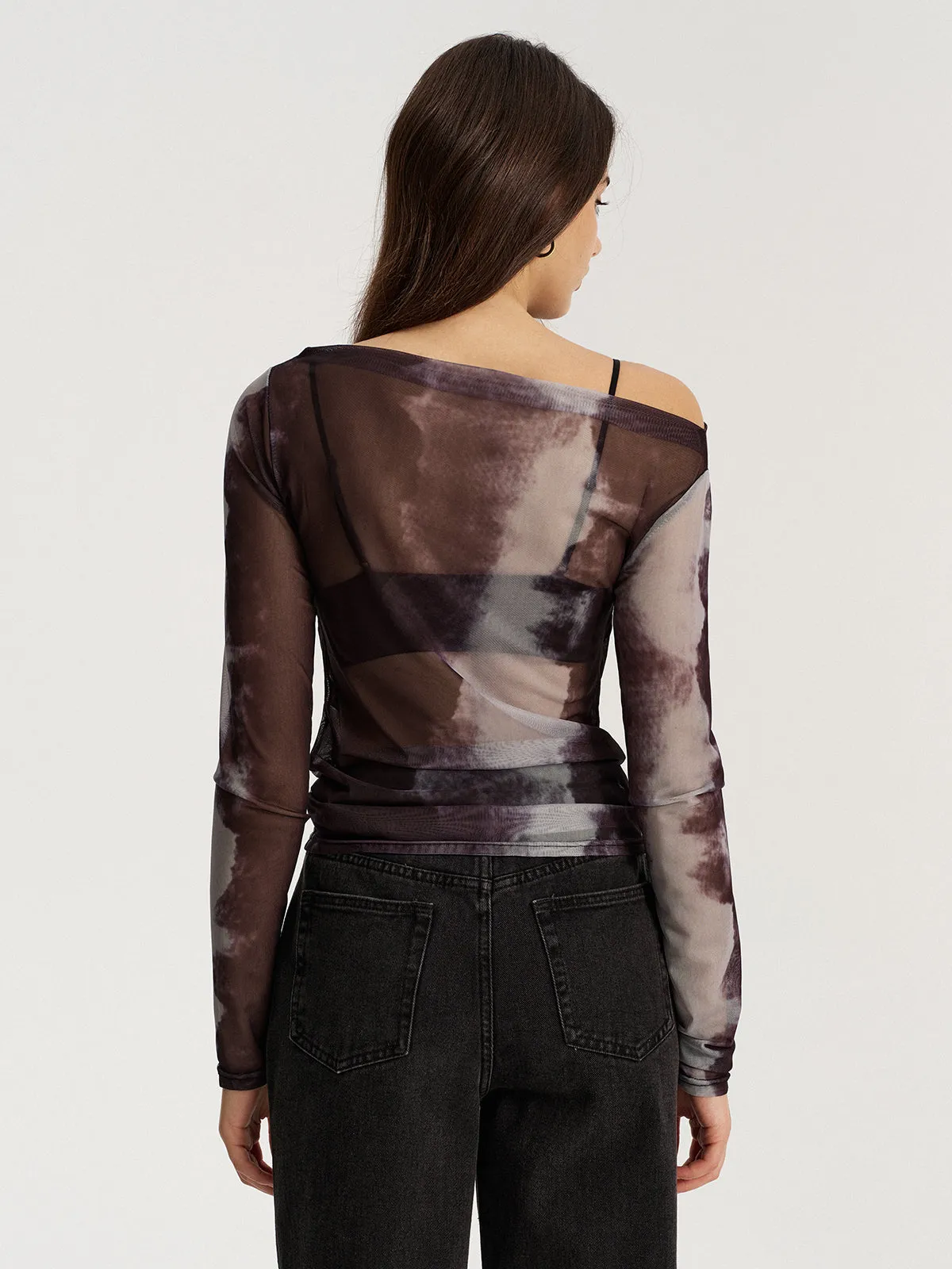Mesh Tie-Dye Off-Shoulder Long Sleeve T-Shirt sold by COMMENSE product image thumbnail 5