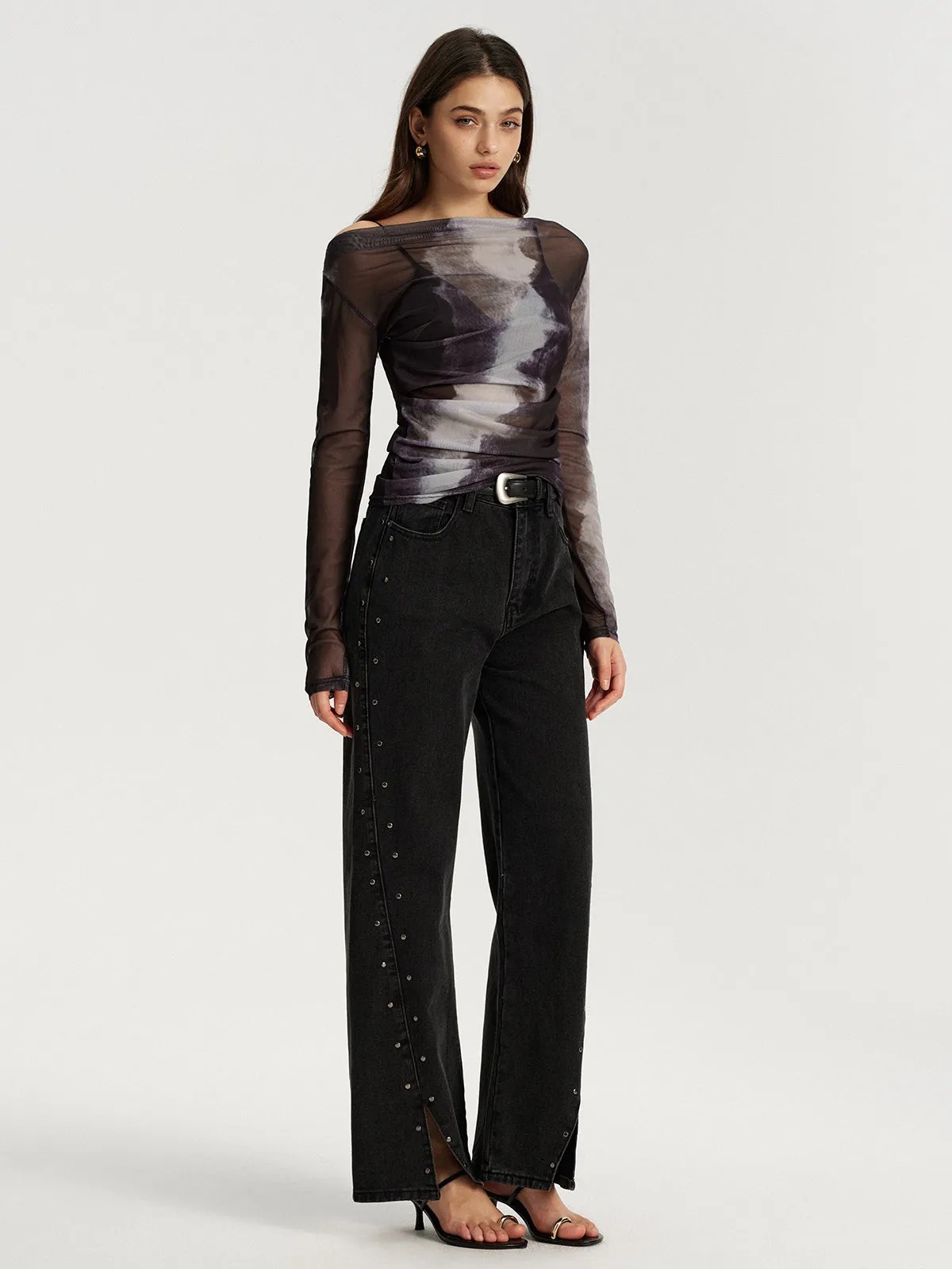 Mesh Tie-Dye Off-Shoulder Long Sleeve T-Shirt sold by COMMENSE product image thumbnail 2