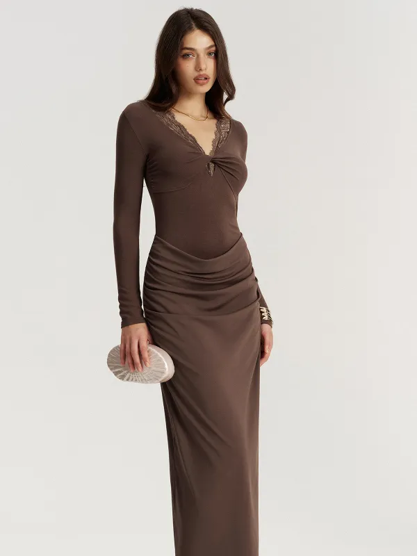 Twisted Lace V-Neck Ruched Maxi Dress sold by COMMENSE