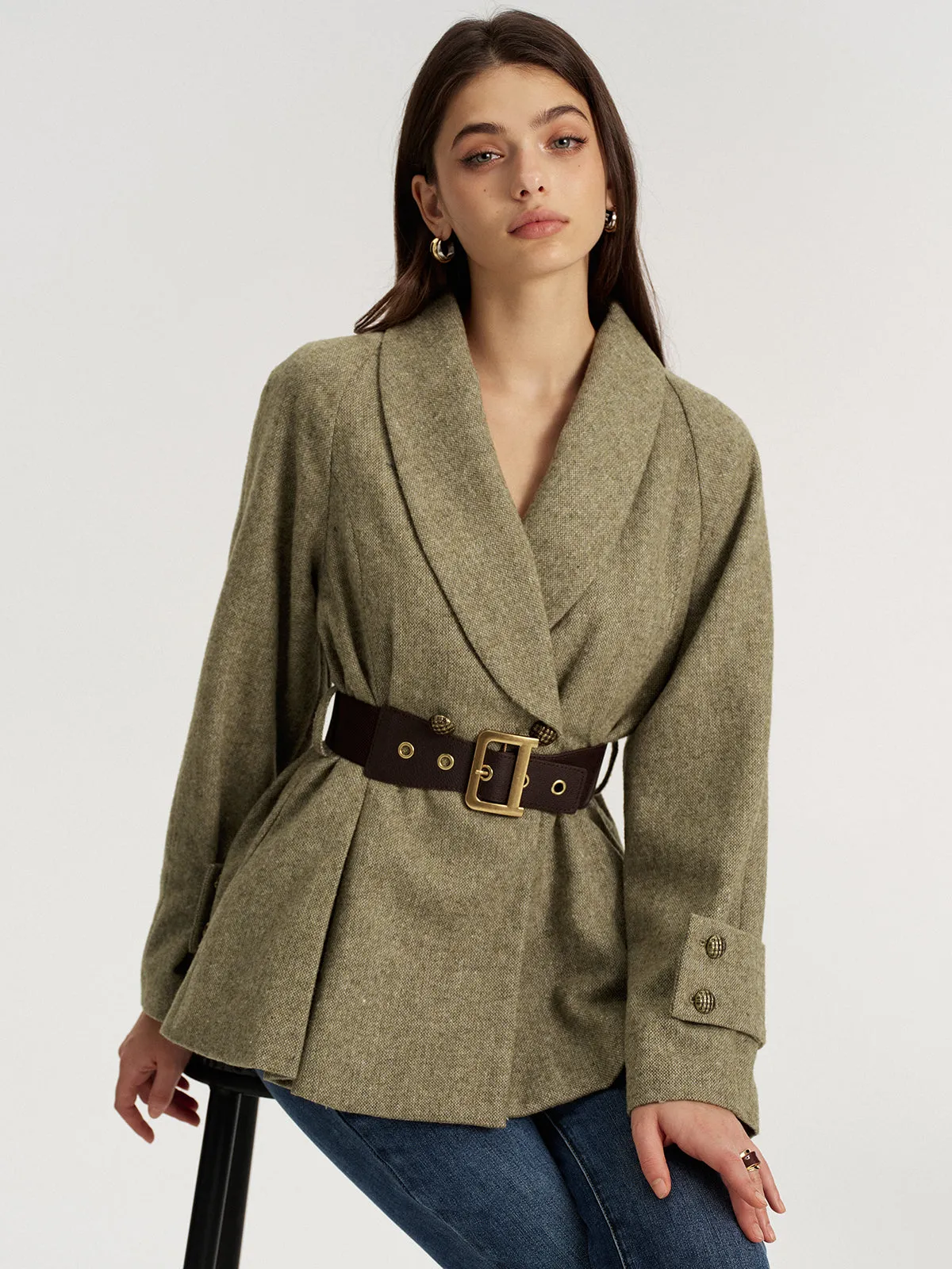 Shawl Collar Wool-Blend Belted Blazer sold by COMMENSE