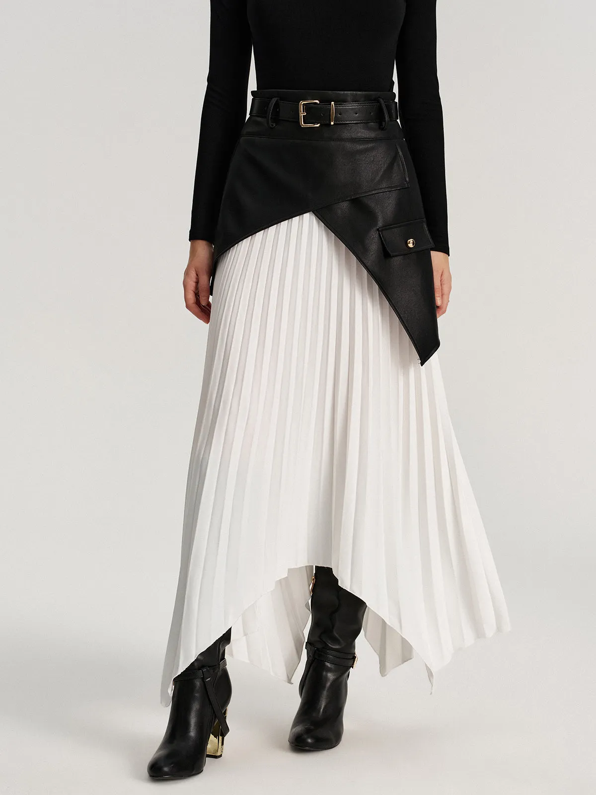 Belted Asymmetric Faux Leather Panel Pleated Maxi Skirt sold by COMMENSE product image thumbnail 3