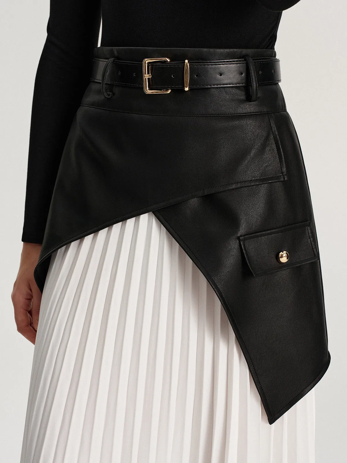 Belted Asymmetric Faux Leather Panel Pleated Maxi Skirt sold by COMMENSE product image thumbnail 4