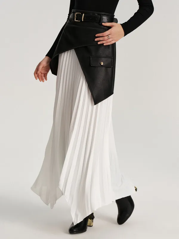 Belted Asymmetric Faux Leather Panel Pleated Maxi Skirt sold by COMMENSE
