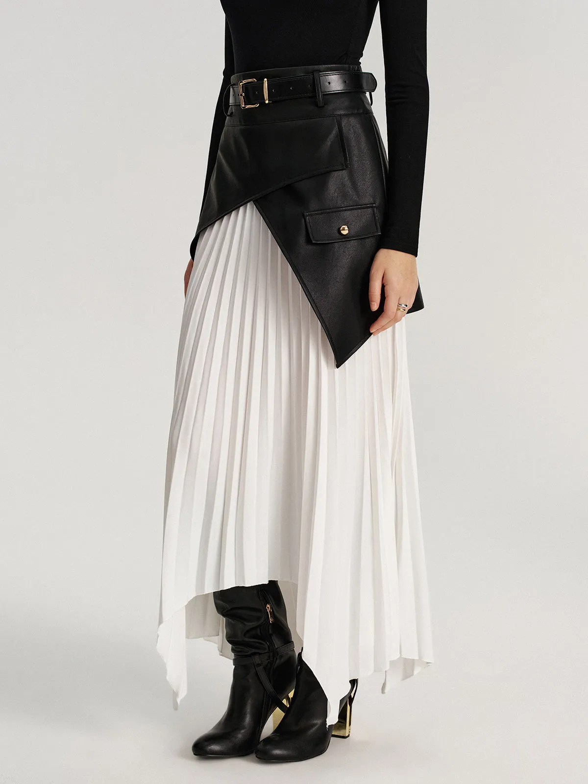 Belted Asymmetric Faux Leather Panel Pleated Maxi Skirt sold by COMMENSE product image thumbnail 5