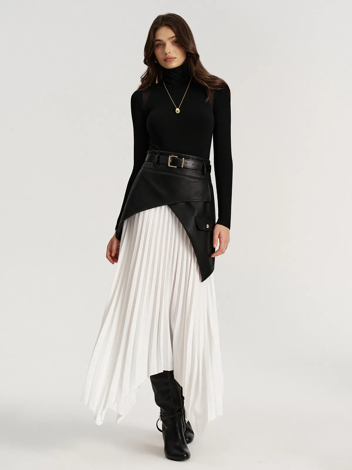 Belted Asymmetric Faux Leather Panel Pleated Maxi Skirt sold by COMMENSE product image thumbnail 2