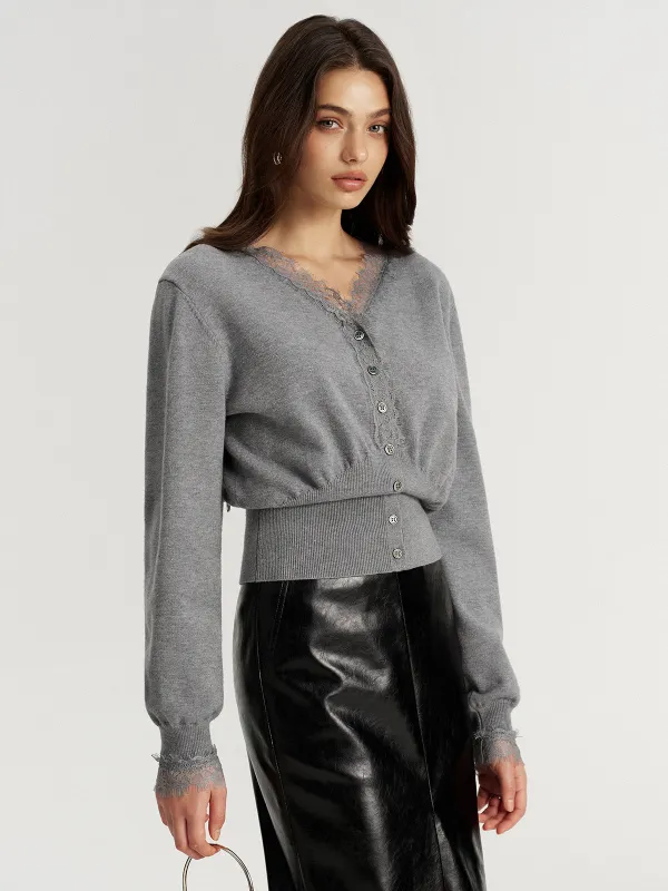 Lace Trim V-Neck Knit Cardigan sold by COMMENSE