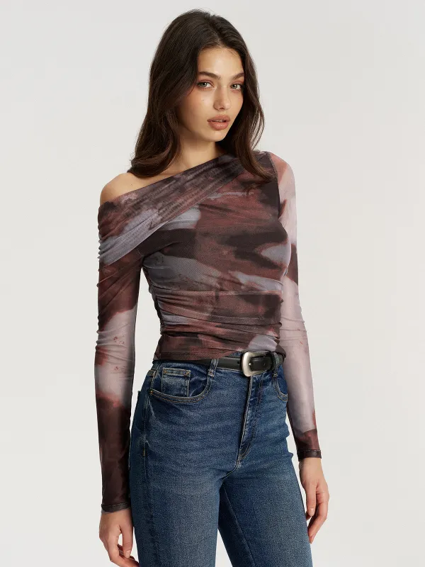 One Shoulder Abstract Print Mesh Ruched Top sold by COMMENSE