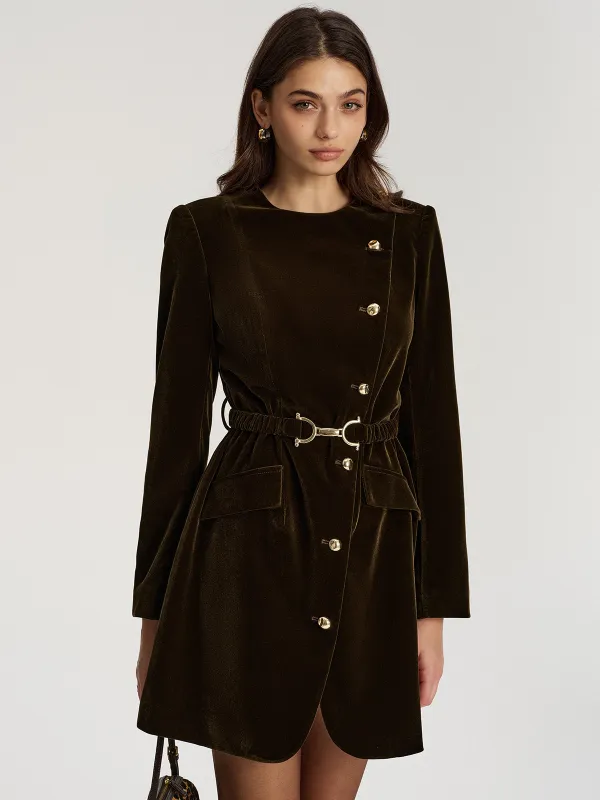 Belted Asymmetric Button Velvet Long Blazer sold by COMMENSE