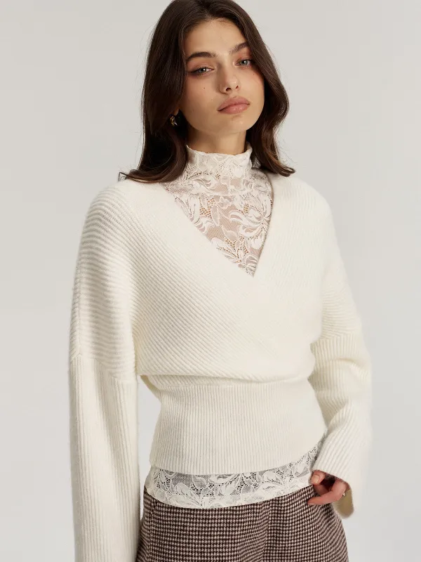 Lace Top and V Neck Sweater Two Piece Set sold by COMMENSE