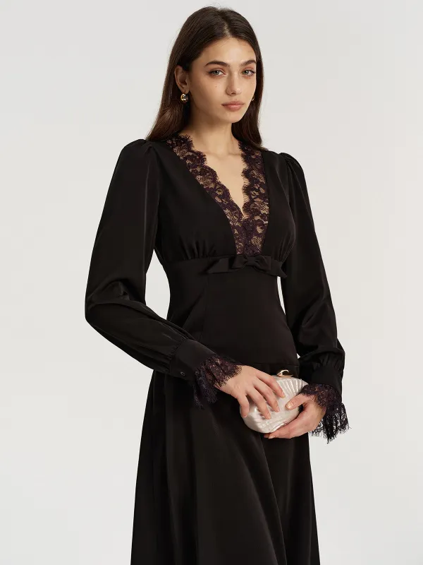 Lace V-Neck Bow Detail Satin Midi Dress sold by COMMENSE