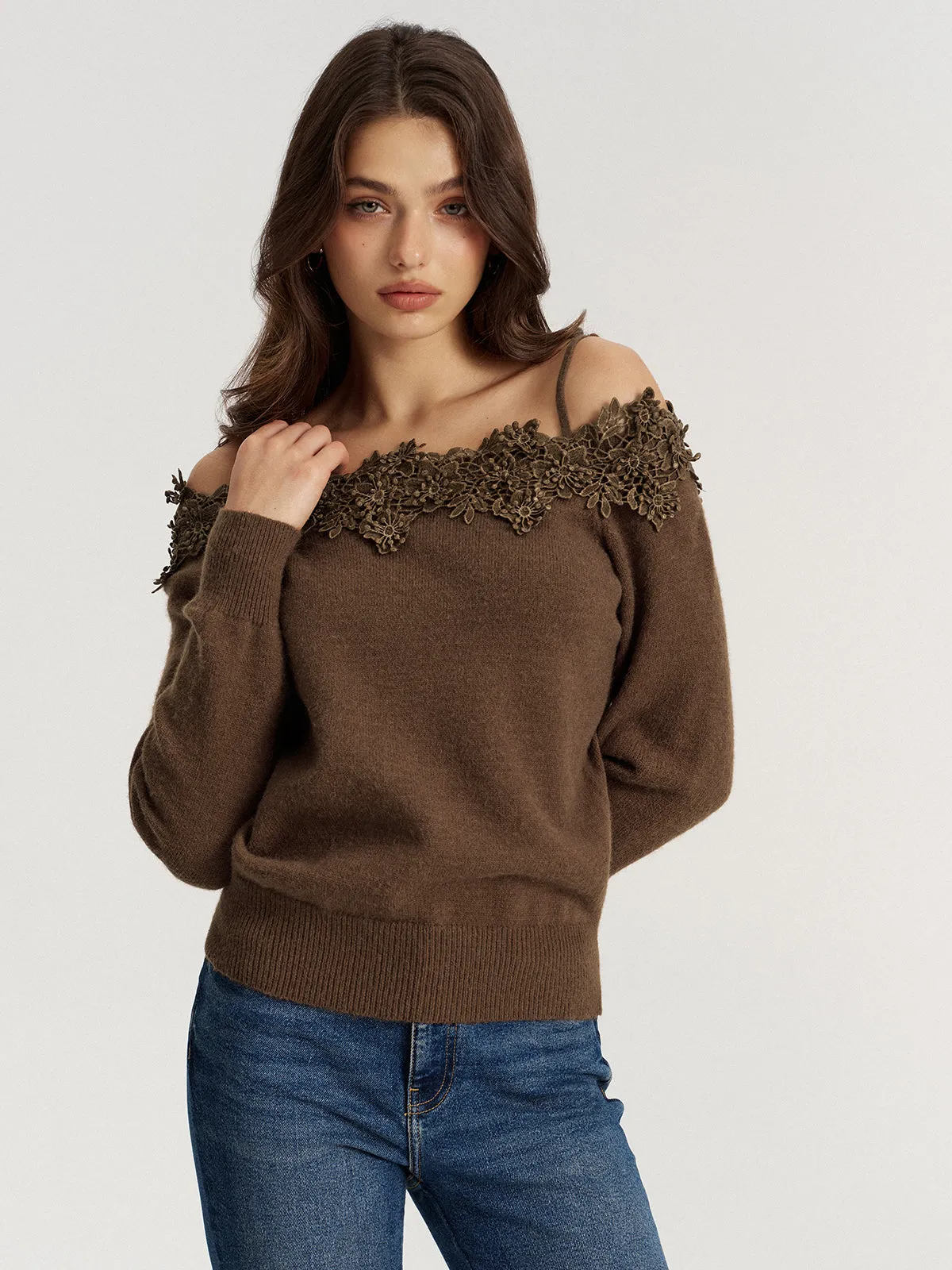 Off Shoulder Floral Lace Trim Sweater sold by COMMENSE product image thumbnail 4