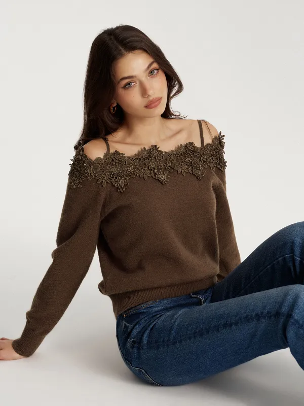 Off Shoulder Floral Lace Trim Sweater sold by COMMENSE