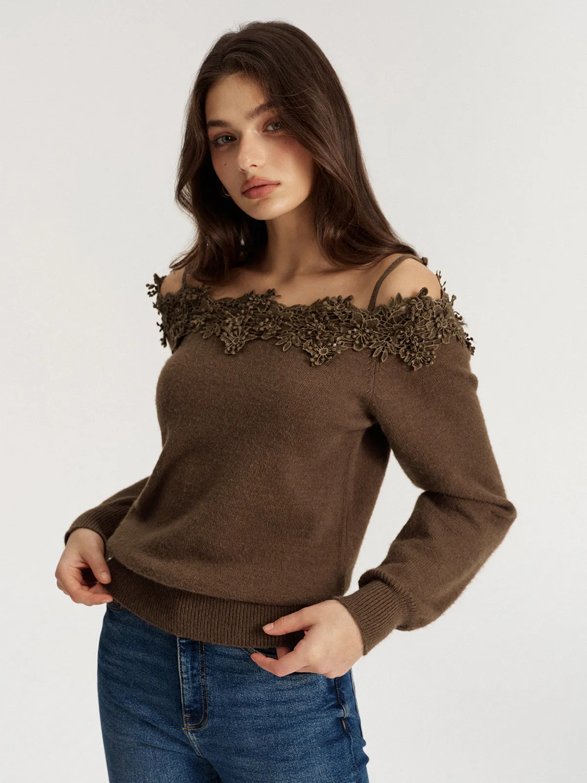 Off Shoulder Floral Lace Trim Sweater sold by COMMENSE product image thumbnail 5